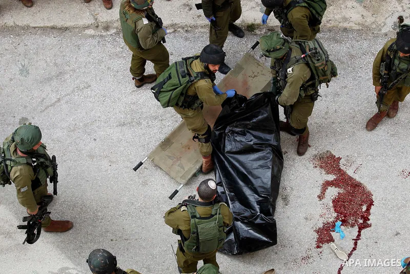 Israeli security forces carry the body of a Palestinian woman tried to stab an Israeli soldier before being shot dead, in the Israeli occupied West Bank city of Hebron, on February 13, 2016. An Israeli army statement sai...