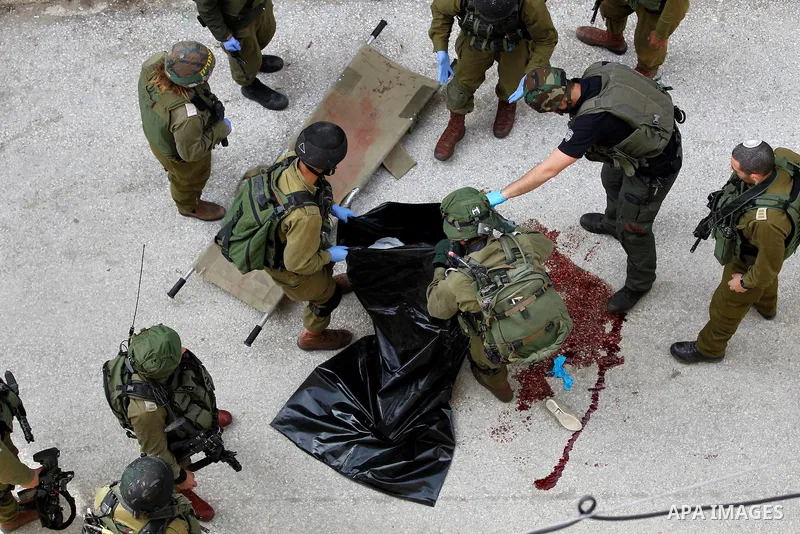 Israeli security forces carry the body of a Palestinian woman tried to stab an Israeli soldier before being shot dead, in the Israeli occupied West Bank city of Hebron, on February 13, 2016. An Israeli army statement sai...