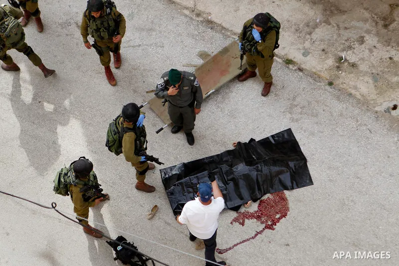 Israeli security forces carry the body of a Palestinian woman tried to stab an Israeli soldier before being shot dead, in the Israeli occupied West Bank city of Hebron, on February 13, 2016. An Israeli army statement sai...