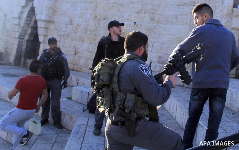 Israeli policemen detain a Palestinian man at Damascus Gate, a main entrance to Jerusalem's Old City on February 13, 2016. Photo by Mahfouz Abu Turk