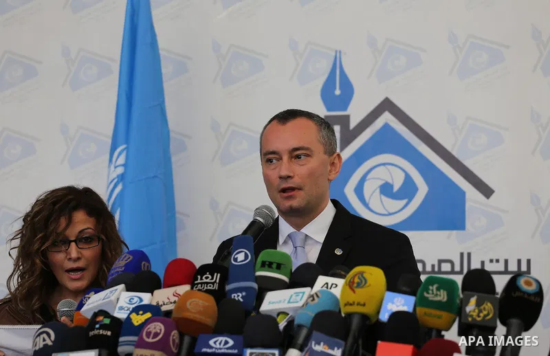 Nikolay Mladenov, United Nations Special Coordinator for the Middle East Peace Process, speaks during a press conference, in Gaza city on February 17, 2016. Photo by Mohammed Asad