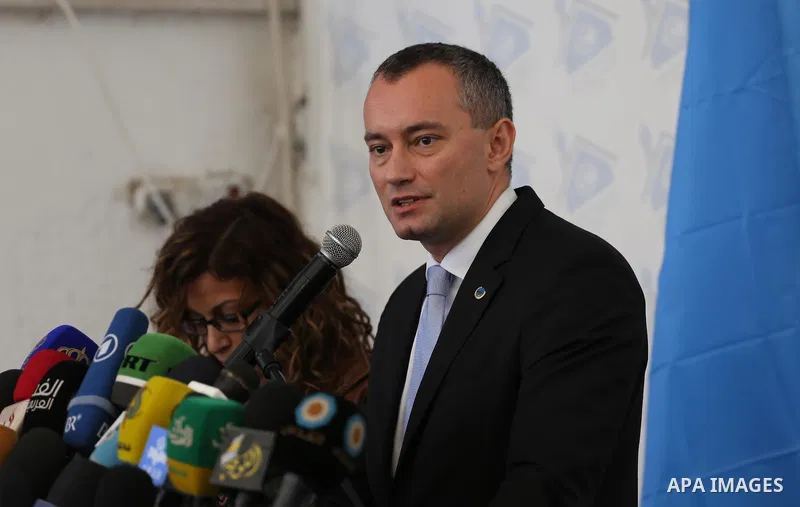 Nikolay Mladenov, United Nations Special Coordinator for the Middle East Peace Process, speaks during a press conference, in Gaza city on February 17, 2016. Photo by Mohammed Asad