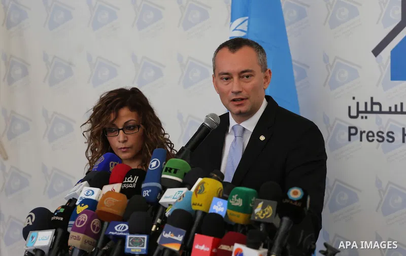 Nikolay Mladenov, United Nations Special Coordinator for the Middle East Peace Process, speaks during a press conference, in Gaza city on February 17, 2016. Photo by Mohammed Asad