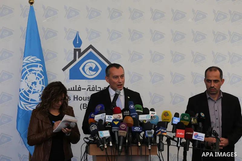 Nikolay Mladenov, United Nations Special Coordinator for the Middle East Peace Process, speaks during a press conference, in Gaza city on February 17, 2016. Photo by Mohammed Asad