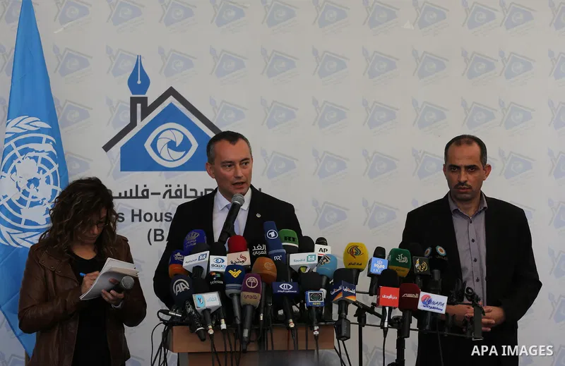 Nikolay Mladenov, United Nations Special Coordinator for the Middle East Peace Process, speaks during a press conference, in Gaza city on February 17, 2016. Photo by Mohammed Asad