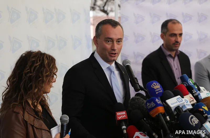 Nikolay Mladenov, United Nations Special Coordinator for the Middle East Peace Process, speaks during a press conference, in Gaza city on February 17, 2016. Photo by Mohammed Asad