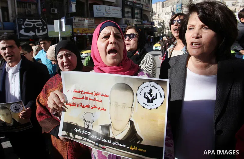 Palestinians take part in a demonstration calling for the release of Mohammed al-Qiq, a Palestinian prisoner on hunger strike, in the West bank city of Nablus on February 17, 2016. Israel's top court rejected Qiq's reque...