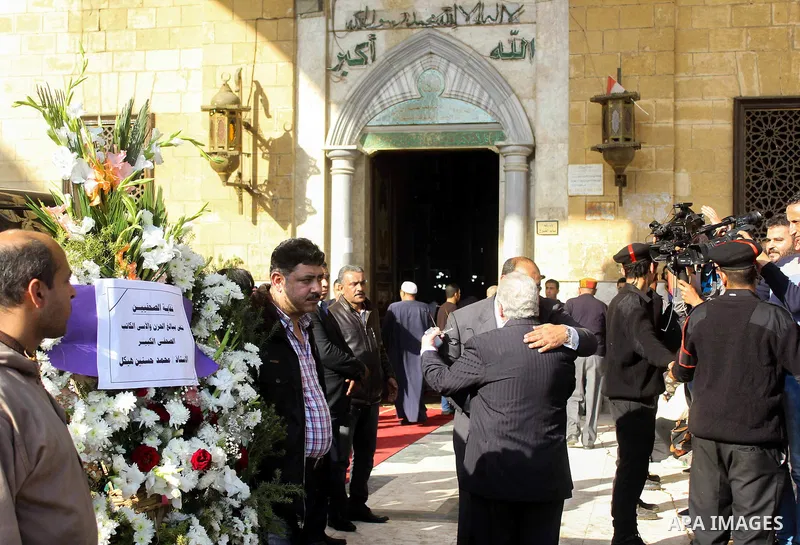 Egyptians mourners attend the funeral of the Egyptian journalist Mohamed Hassanein Heikal at the al-Hussein mosque in Cairo on February 17, 2016. Heikal, one of the Arab world's most prominent political commentators and...
