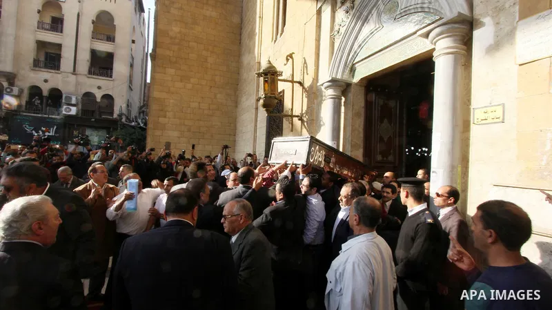 Egyptians mourners carrying the coffin of the Egyptian journalist mohammed Hassanein Heikal during his funeral at the al-Hussein mosque in Cairo on February 17, 2016. Heikal, one of the Arab world's most prominent politi...