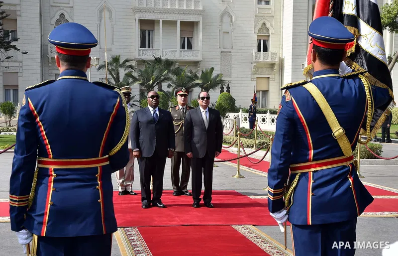 Egyptian President Abdel Fattah al-Sisi and President of Gabon Ali Bongo review the honour guard during a welcome ceremony in the Egyptian capital Cairo on Feb. 18, 2016. Photo by Egyptian President Office