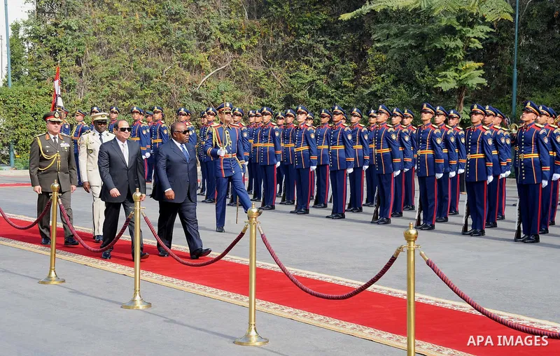 Egyptian President Abdel Fattah al-Sisi and President of Gabon Ali Bongo review the honour guard during a welcome ceremony in the Egyptian capital Cairo on Feb. 18, 2016. Photo by Egyptian President Office