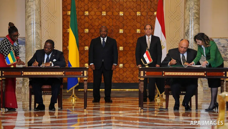 Egyptian President Abdel Fattah al-Sisi and President of Gabon Ali Bongo attend the signature of cooperation in the Egyptian capital Cairo on Feb. 18, 2016. Photo by Egyptian President Office