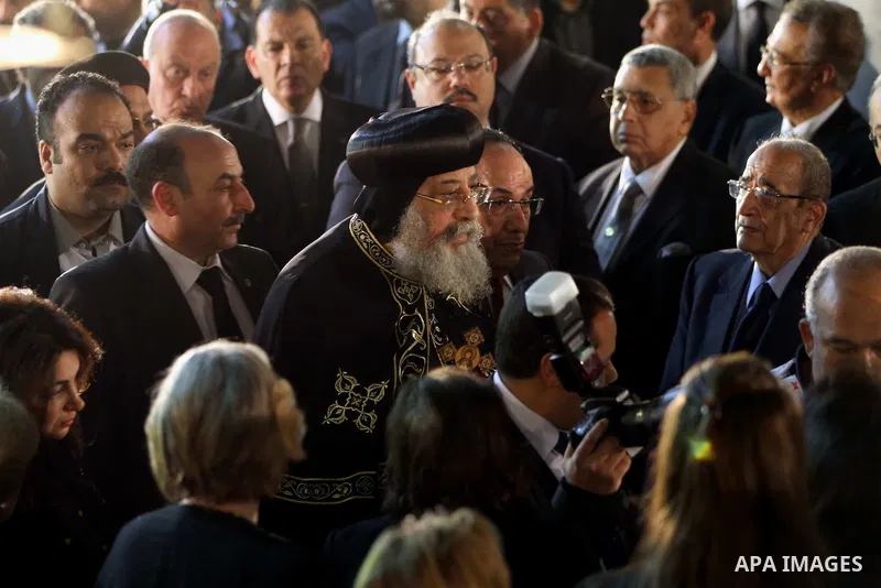 Pope Tawadros II of Alexandria leads the funeral of former UN secretary-general Boutros Boutros-Ghali at the St Peter and St Paul Orthodox church that was built by his family in Cairo's Abbasiya district, on February 18,...
