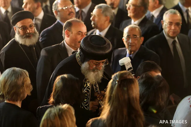 Pope Tawadros II of Alexandria leads the funeral of former UN secretary-general Boutros Boutros-Ghali at the St Peter and St Paul Orthodox church that was built by his family in Cairo's Abbasiya district, on February 18,...