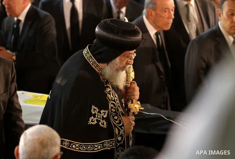 Pope Tawadros II of Alexandria leads the funeral of former UN secretary-general Boutros Boutros-Ghali at the St Peter and St Paul Orthodox church that was built by his family in Cairo's Abbasiya district, on February 18,...