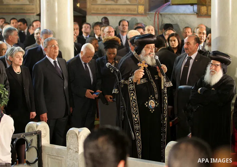 Pope Tawadros II of Alexandria leads the funeral of former UN secretary-general Boutros Boutros-Ghali at the St Peter and St Paul Orthodox church that was built by his family in Cairo's Abbasiya district, on February 18,...