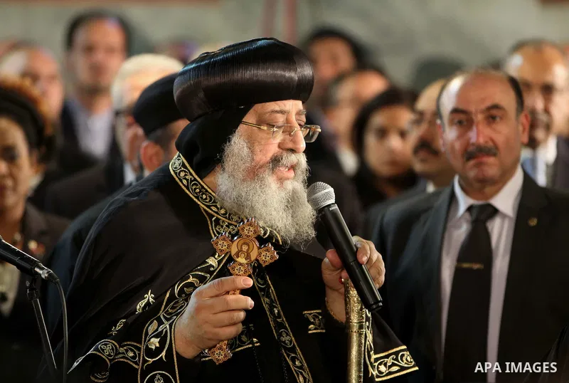 Pope Tawadros II of Alexandria leads the funeral of former UN secretary-general Boutros Boutros-Ghali at the St Peter and St Paul Orthodox church that was built by his family in Cairo's Abbasiya district, on February 18,...