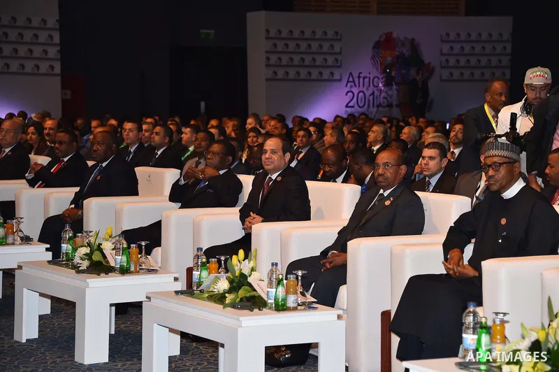 A handout photograph made available by the Egyptian Presidency shows Gabon's President Ali Bongo Ondimba, Equatorial Guinea President Teodoro Obiang Nguema Mbasogo, Egyptian President Abdel Fattah al-Sisi, and Sudanese P...