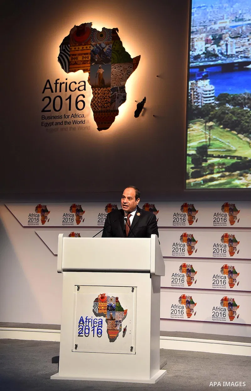 Egyptian President Abdel Fattah al-Sisi delivers a speech during the opening session of the 'Africa 2016, Business for Africa, Egypt and the World' in the Red Sea resort of Sharm Al-Sheikh, in the South Sinai governorate...