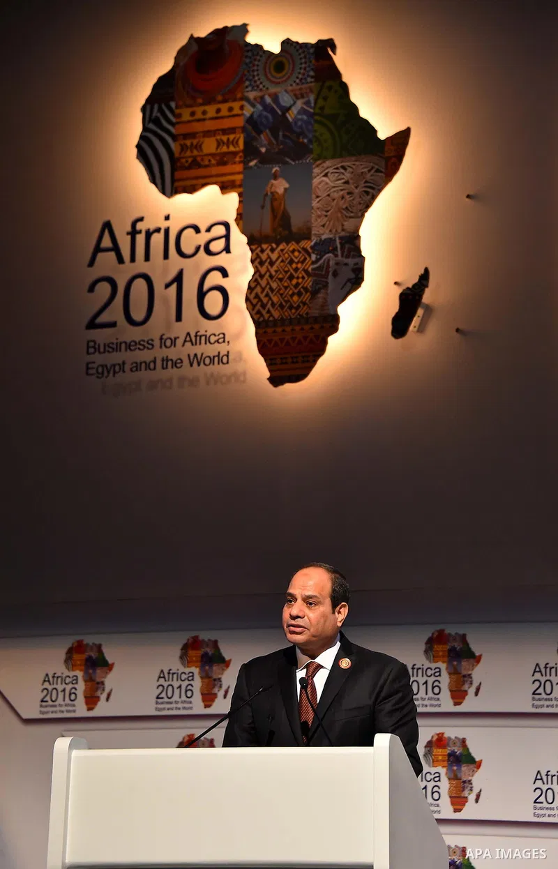 Egyptian President Abdel Fattah al-Sisi delivers a speech during the opening session of the 'Africa 2016, Business for Africa, Egypt and the World' in the Red Sea resort of Sharm Al-Sheikh, in the South Sinai governorate...