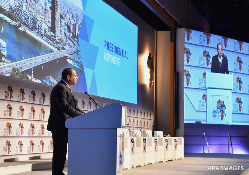 Egyptian President Abdel Fattah al-Sisi delivers a speech during the opening session of the 'Africa 2016, Business for Africa, Egypt and the World' in the Red Sea resort of Sharm Al-Sheikh, in the South Sinai governorate...