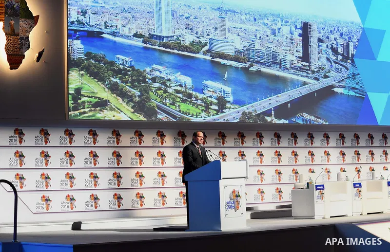 Egyptian President Abdel Fattah al-Sisi delivers a speech during the opening session of the 'Africa 2016, Business for Africa, Egypt and the World' in the Red Sea resort of Sharm Al-Sheikh, in the South Sinai governorate...