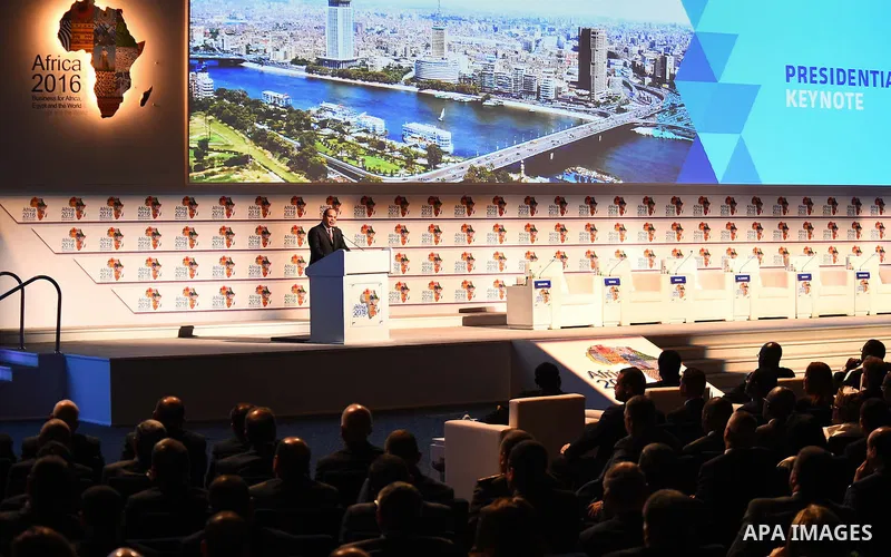 Egyptian President Abdel Fattah al-Sisi delivers a speech during the opening session of the 'Africa 2016, Business for Africa, Egypt and the World' in the Red Sea resort of Sharm Al-Sheikh, in the South Sinai governorate...