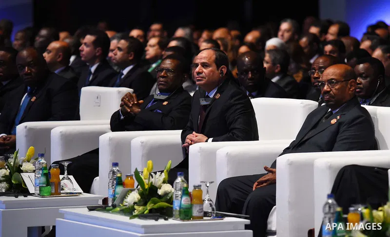 A handout photograph made available by the Egyptian Presidency shows Gabon's President Ali Bongo Ondimba, Equatorial Guinea President Teodoro Obiang Nguema Mbasogo, Egyptian President Abdel Fattah al-Sisi, and Sudanese P...