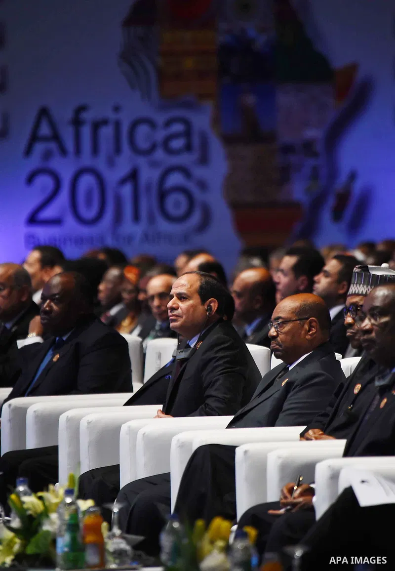 A handout photograph made available by the Egyptian Presidency shows Gabon's President Ali Bongo Ondimba, Equatorial Guinea President Teodoro Obiang Nguema Mbasogo, Egyptian President Abdel Fattah al-Sisi, and Sudanese P...