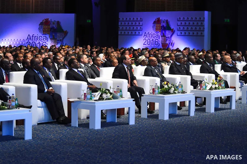 A handout photograph made available by the Egyptian Presidency shows Gabon's President Ali Bongo Ondimba, Equatorial Guinea President Teodoro Obiang Nguema Mbasogo, Egyptian President Abdel Fattah al-Sisi, and Sudanese P...