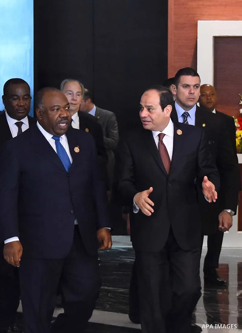 A handout photograph made available by the Egyptian Presidency shows Gabon's President Ali Bongo Ondimba, Equatorial Guinea President Teodoro Obiang Nguema Mbasogo, Egyptian President Abdel Fattah al-Sisi, and Sudanese P...