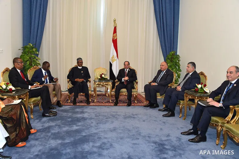 Egyptian President Abdel Fattah al-Sisi (R) meets with Nigeria's President Muhammadu Buhari during the African international business forum "COMESA" in the Red Sea resort of Sharm el-Sheikh, in the South Sinai governorat...
