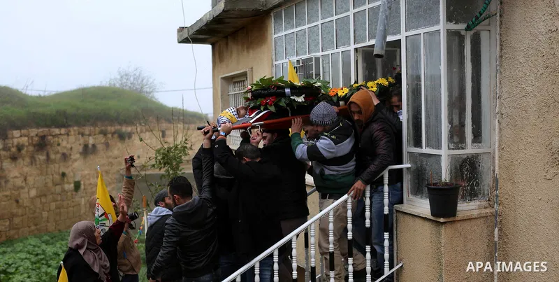 Palestinian mourners carry the body of one of two Palestinians, who the Israeli military said were fatally shot by Israeli police officers after they opened fire at them outside Jerusalem's walled Old City on February 14...