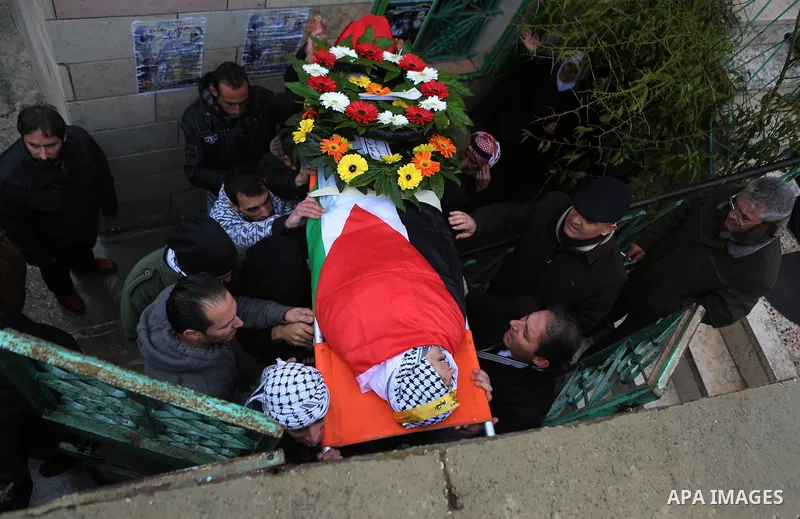 Palestinian mourners carry the body of one of two Palestinians, who the Israeli military said were fatally shot by Israeli police officers after they opened fire at them outside Jerusalem's walled Old City on February 14...