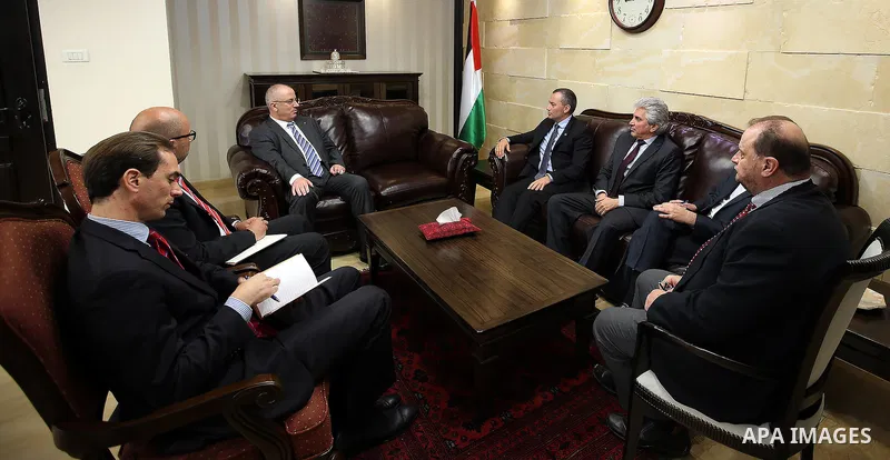 Palestinian Prime Minister Rami Hamdallah meets with Nikolay Mladenov, United Nations Special Coordinator for the Middle East Peace at his office in the West Bank city of Ramallah, on Feb. 23, 2016. Photo by Prime Minist...