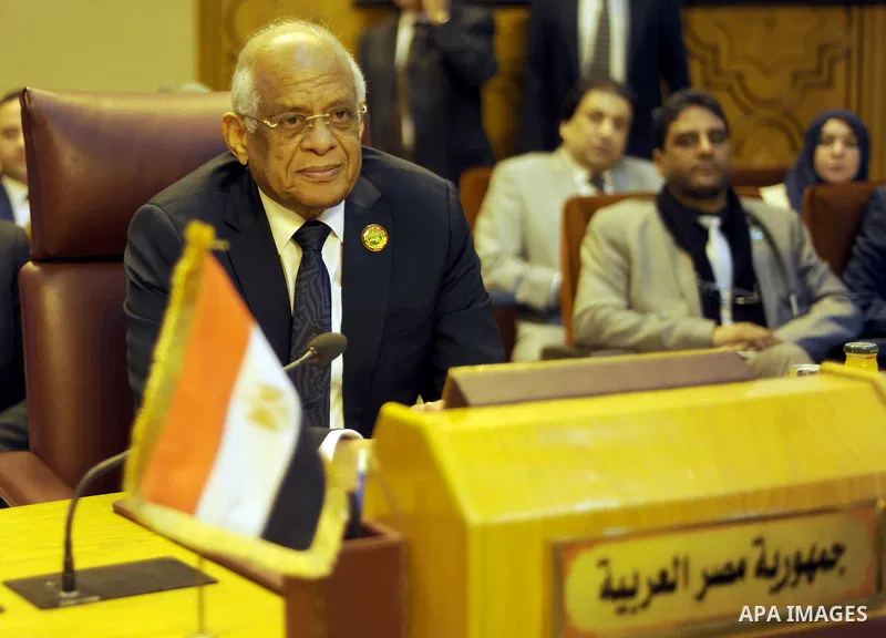 Heads of parliament for Arab countries attend the press conference, at League of Arab States, in Cairo, Egypt, on Feb. 24, 2016. Photo by Amr Sayed