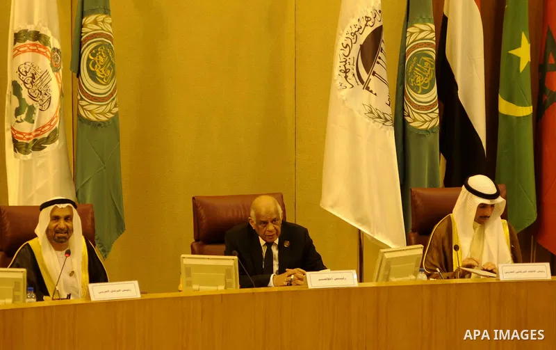Heads of parliament for Arab countries attend the press conference, at League of Arab States, in Cairo, Egypt, on Feb. 24, 2016. Photo by Amr Sayed
