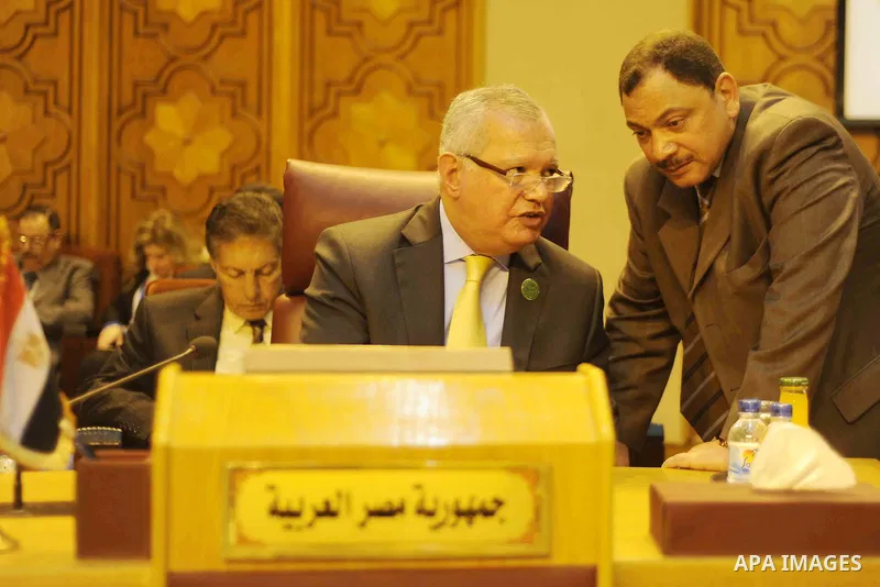 Heads of parliament for Arab countries attend the press conference, at League of Arab States, in Cairo, Egypt, on Feb. 25, 2016. Photo by Stranger