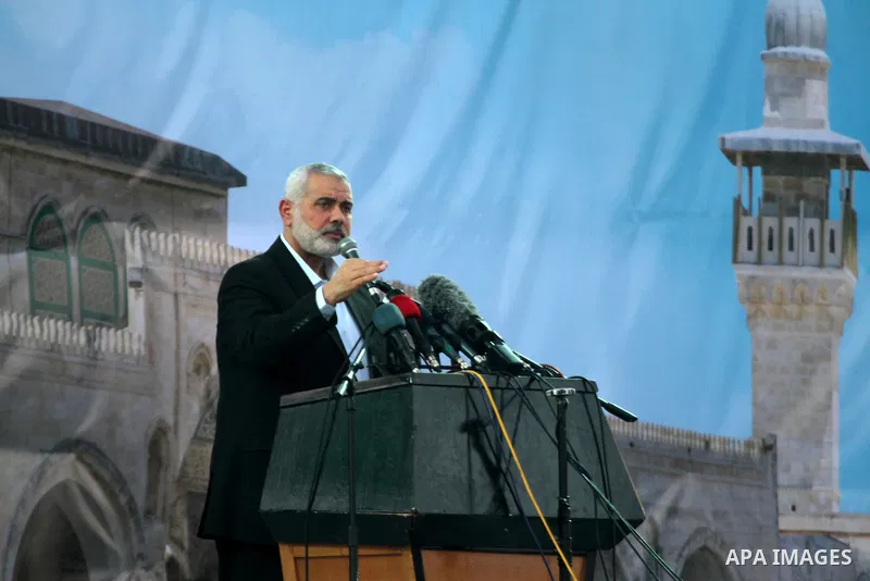 Palestinian islamist movement Hamas' chief, Ismail Haniya speaks during an anti-Israel rally on February 26, 2016, in the southern Gaza Strip town of Rafah. Photo by Abed Rahim Khatib