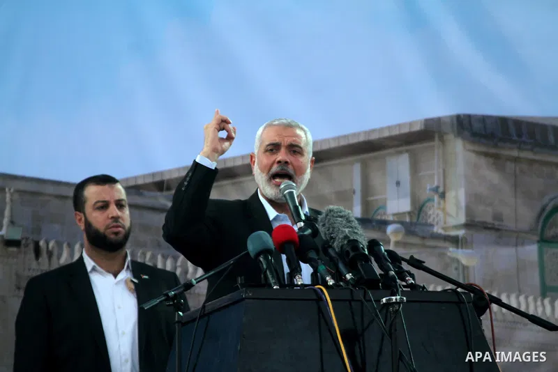 Palestinian islamist movement Hamas' chief, Ismail Haniya speaks during an anti-Israel rally on February 26, 2016, in the southern Gaza Strip town of Rafah. Photo by Abed Rahim Khatib