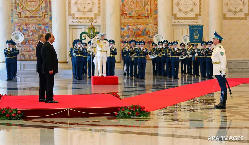 Kazakh President Nursulan Nazarbayev welcomes his Egyptian counterpart Abdel Fattah al-Sisi during their meeting in Astana on February 26, 2016. Photo by Egyptian President Office