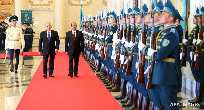 Kazakh President Nursulan Nazarbayev welcomes his Egyptian counterpart Abdel Fattah al-Sisi during their meeting in Astana on February 26, 2016. Photo by Egyptian President Office