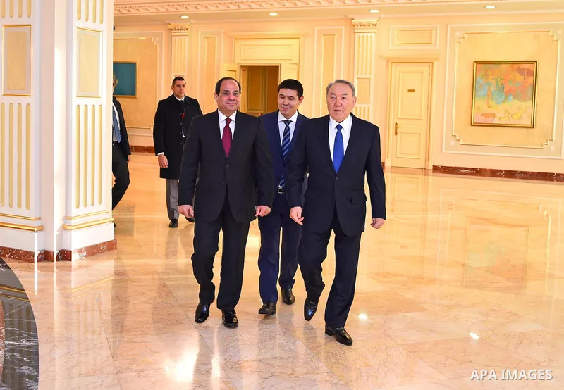 Kazakh President Nursulan Nazarbayev welcomes his Egyptian counterpart Abdel Fattah al-Sisi during their meeting in Astana on February 26, 2016. Photo by Egyptian President Office