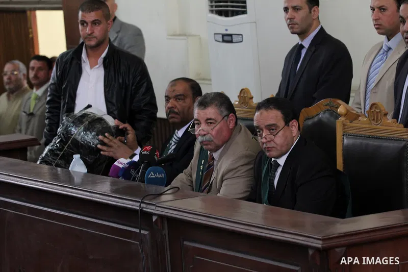 Egyptian judges attend the trial of Egyptian former interior minister Habib al-Adly on the charges of corruption, in Cairo, Egypt on February 28, 2016. Habib al-Adly served as interior minister of Egypt from 1997 to 2011...