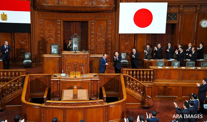 Egypt's President Abdel Fattah al-Sisi delivers a speech at the House of Representatives of the Diet in Tokyo on February 29, 2016. The president is on a four-day visit to Japan. Photo by Egyptian President Office
