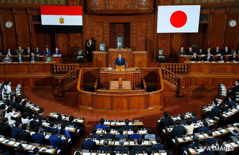 Egypt's President Abdel Fattah al-Sisi delivers a speech at the House of Representatives of the Diet in Tokyo on February 29, 2016. The president is on a four-day visit to Japan. Photo by Egyptian President Office