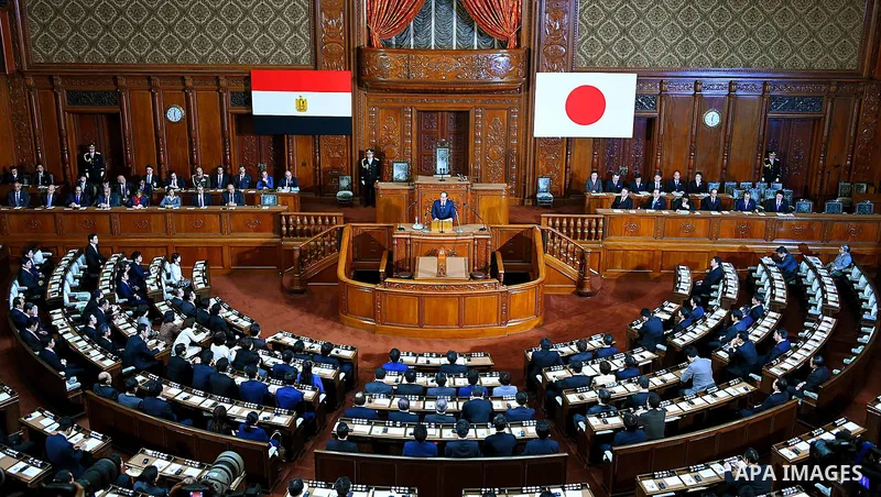 Egypt's President Abdel Fattah al-Sisi delivers a speech at the House of Representatives of the Diet in Tokyo on February 29, 2016. The president is on a four-day visit to Japan. Photo by Egyptian President Office