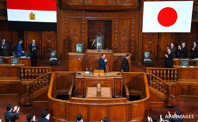 Egypt's President Abdel Fattah al-Sisi delivers a speech at the House of Representatives of the Diet in Tokyo on February 29, 2016. The president is on a four-day visit to Japan. Photo by Egyptian President Office