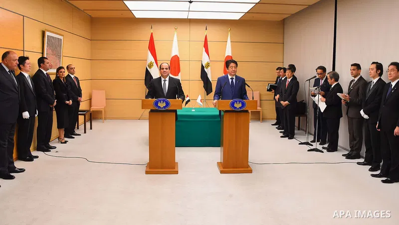 Egyptian President Abdel Fattah al-Sisi meets with Japanese Prime Minister Shinzo Abe at Abe's official residence in Tokyo, Japan, 29 February 2016. Egyptian President Abdel Fattah al-Sisi is currently on a four-day visi...