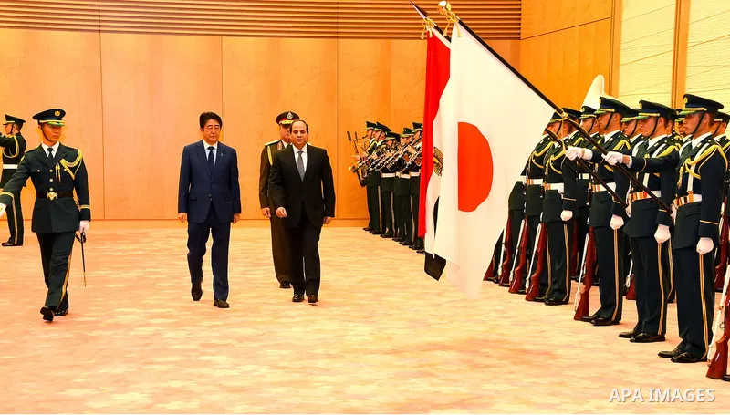 Egyptian President Abdel Fattah al-Sisi meets with Japanese Prime Minister Shinzo Abe at Abe's official residence in Tokyo, Japan, 29 February 2016. Egyptian President Abdel Fattah al-Sisi is currently on a four-day visi...